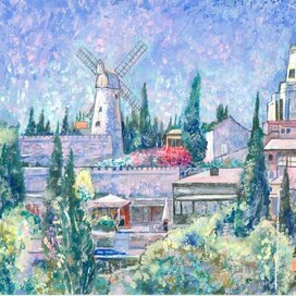 Jerusalem. Yamin Moshe District. Series of views of Jerusalem. Painting genre: Pointillism, Impressionism. Illustration for the Jewish calendar. Artist Marat Bryzgalov. The calendar was printed in Moscow in 2021, commissioned by the Moscow Choral Synagogue of the Torah Mi-Zion Educational Center.