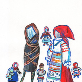 Folk village toys. Rag dolls. Print-ready screensaver. Illustration for Russian fairy tales. Technique: Paper acrylic. Artist Marat Bryzgalov.