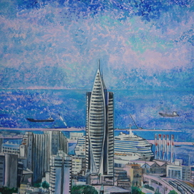 Haifa. Urban landscape. Series "Cities of Israel". Painting genre: Pointillism, Impressionism. Illustration for the Jewish calendar. Artist Marat Bryzgalov. Technique: paper, acrylic brushes. The calendar was printed in Moscow in 2020, commissioned by the Moscow Choral Synagogue of the Torah Mi-Zion Educational Center.
