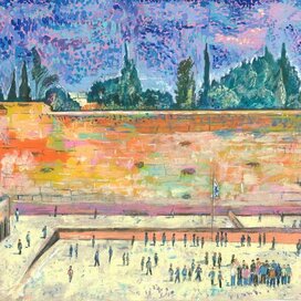 Jerusalem. Cityscape. The Western Wall. Genre: Pointillism, Impressionism. Series: Views of Jerusalem. Illustration for the Jewish Calendar. Artist: Marat Bryzgalov. The calendar was printed in Moscow in 2021, commissioned by the Moscow Choral Synagogue.
