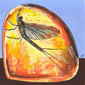 In the magazine " Why?" Section "From All Over the World". Published by Yuny Tekhnik. Published in the magazine. Illustration designed for printing in a reduced format. Decorative style. Theme: Ancient Mayfly in Amber. Artist: Marat Bryzgalov.