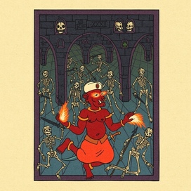 Fire genie in the dungeon with skeletons