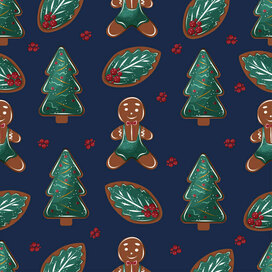 Vector Christmas seamless pattern with gingerbread man, Christmas tree and holly on dark blue background . Festive cookie design.