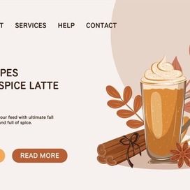 Vector banner of autumn pumpkin latte with cinnamon and star anise on yellow leaves background.