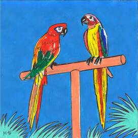 Parrots. Illustration for the magazine "Why?" An educational children's magazine. The "100,000 Reasons" section. Edited by the Young Technician publishing house. The illustration is designed for printing in a smaller format. Artist: Marat Bryzgalov.