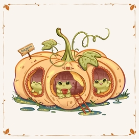 Pumpkin house with frogs