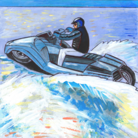 In the magazine "Why?" Section "From Around the World". Edited by the Young Technician publishing house. Published in the magazine. The illustration is prepared for reduction. Decorative style. Theme: Amphibious Motorcycle. The illustration is prepared for reduction. Artist: Marat Bryzgalov.