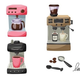 Set of various modern coffee machines and grinder. Drip coffee makers, espresso machines, manual coffee grinder, portafilter, scoop and coffee beans. Vector illustration