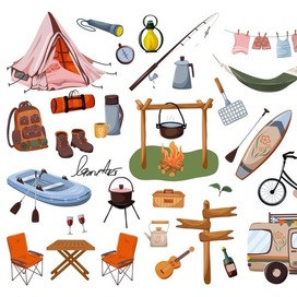 Vector illustration of items for summer outdoor recreation, camping or picnic.