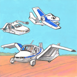 In the magazine "And Why?" Section "From All Over the World". Published by the editorial office of the magazine "Young Technician". Published in the magazine. The illustration is intended for printing in a reduced format. Decorative style. The technique is paper and acrylic paints. Theme: Flying Cars Artist: Marat Bryzgalov.