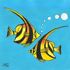 In the magazine "Why?" Section "From Around the World". Edited by the Young Technician publishing house. Published in the magazine. The illustration has been prepared for reduction. Decorative style. Theme: Fish and bubbles underwater. Artist: Marat Bryzgalov.