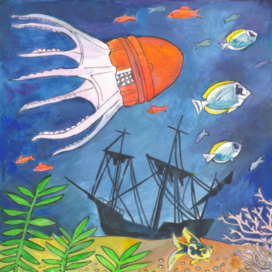 In the magazine "Why? published by "Young Technician". Section "From Around the World". Published in the magazine. The illustration is intended for reduction. Decorative style. Theme: Octopus Robot for Underwater Research. Artist: Marat Bryzgalov.