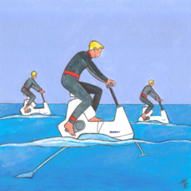 In the magazine "Why? Young Technician Publishing House. " Section "From Around the World" Published in the magazine. Illustrations for printing in a reduced format. Decorative style. Theme: Water bikes from New Zealand. Artist: Marat Bryzgalov.