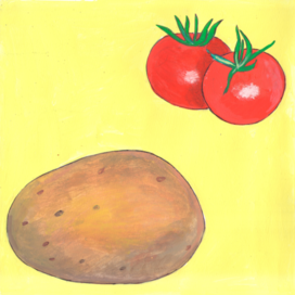 In the magazine "Why? Published by Young Technician. Section "From Around the World". Published in the magazine. The illustration is intended for printing in a smaller format. Decorative style. Theme: Tomatoes and Potatoes. For an article about the origin of plants. Artist: Marat Bryzgalov.