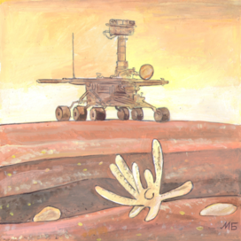 In the magazine "Why? Published by Young Technician. Section "From Around the World". Published in the magazine. Illustrations for printing in a reduced format. Decorative style. Topic: Planet Mars, research. Fossils resembling corals have been found. These may be traces of ancient oceans that once existed on Mars. Artist: Marat Bryzgalov