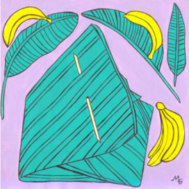 In the magazine "Why?" Section "From Around the World". Published by Yuny Tekhnik. Published in the magazine. Illustration for printing in a smaller format. Topic: Banana leaves for food packaging. Decorative style. Artist: Marat Bryzgalov.
