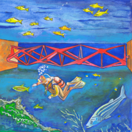 In the magazine "Why?" Section "From Around the World". Publishing House "Young Technician". Published in the magazine. Illustration for printing in a reduced format. Theme: A new type of underwater power plant. The illustration style is decorative.  Artist: Marat Bryzgalov.