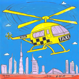 In the magazine "Why?" Section "From Around the World". Publishing House "Yuny Tekhnik". Published in the magazine. Illustration for printing in a reduced format. Theme: Helicopter Taxi in the Emirates. Illustration style is decorative. Artist: Marat Bryzgalov.