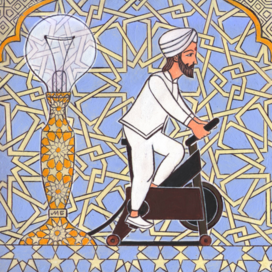 In the magazine "Why?" Section "From Around the World". Published in the magazine. Illustration in the magazine. Theme: India, a stationary bike generator for generating electricity. Artist: Marat Bryzgalov.