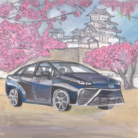 In the magazine "Why?" Section "From Around the World". Publishing House - Young Technician. Published in the magazine. Illustration for printing in a reduced format. Theme: Japan. Cars running on eco-friendly fuel. Decorative style. Artist: Marat Bryzgalov