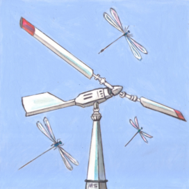 In the magazine "Why?" Section "From Around the World". Publishing House - Young Technician. Published in the magazine. Illustration for printing in a reduced format. Theme: Wind Generator. Based on research on dragonfly wings. Decorative style. Artist: Marat Bryzgalov