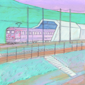 In the magazine "Why?" Section "From Around the World". Publishing House "Young Technician". Published in the magazine. Illustration for printing in a reduced format. Theme: Tunnels for Electric Trains in the Swiss Mountains. Decorative style. Artist: Marat Bryzgalov