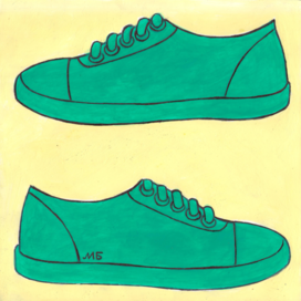 To the magazine "Why?" Section "From Around the World". Publishing House - Young Technician. Published in the magazine. Illustration for printing in a smaller format. Theme: Shoes made from algae. Eco shoes. The illustration style is decorative.  Artist: Marat Bryzgalov