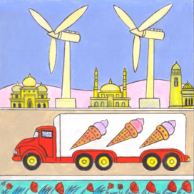 For the magazine "Why?" Section "From All Over the World". Published by the Young Technician editorial office. Published in the magazine. Illustration for printing in a reduced format. Theme: Turkey. Windmills near highways. Windmills powered by vehicle traffic. The illustration style is decorative.  Artist: Marat Bryzgalov