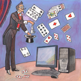 For the magazine "And Why?" Section "From All Over the World". Published by the editorial office of the magazine "Young Technician". Published in the magazine. Illustration for printing in a reduced format. Theme: Computer Wizard. Illustration style: decorative. Artist: Marat Bryzgalov.