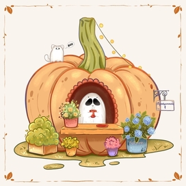 Pumpkin house with a ghost