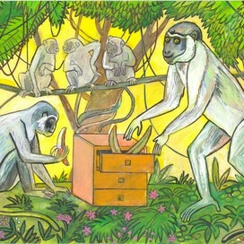 Monkeys. Illustration for a children's educational magazine, "Why?" Section: "About Our Little Brothers." Magazine page. Genre: Animalistics. Artist: Marat Bryzgalov.