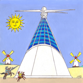 In the magazine "Why?" Section "From Around the World". Publishing House "Young Technician". Published in the magazine. Illustration for printing in a smaller format. Topic: A giant modern windmill in Spain. Artist: Marat Bryzgalov.