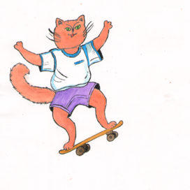 A ginger cat is riding a skateboard. The illustration style is decorative. The technique used is paper, ink, acrylic, and gouache. Artist: Marat Bryzgalov.