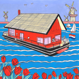 In the magazine "Why?" Section "From Around the World". Publishing House "Young Technician". Published in the magazine. Illustration for printing in a smaller format. Topic: Holland. A floating house with solar panels on the roof. Artist: Marat Bryzgalov.