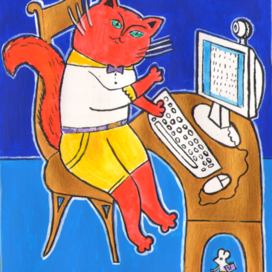 A ginger cat at the computer. The graphic style is decorative. Technique: Paper, ink, acrylic. Artist: Marat Bryzgalov.