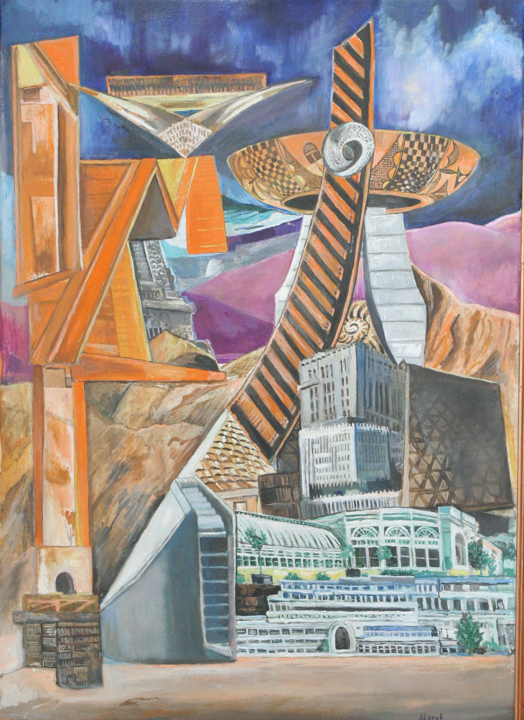 The Gates of Worlds and Times"-A Fantastic Landscape. The left part of the triptych. Oil on canvas. Artist Marat Bryzgalov.