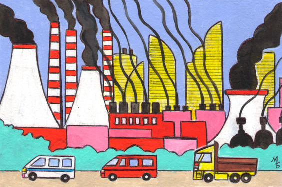 Illustration for the children's magazine "Lefty". Editorial office of "Young Technician". Section "Lefty's Tasks". Article about environmental issues and the fight against industrial air pollution. Published in the magazine.  Artist Marat Bryzgalov.