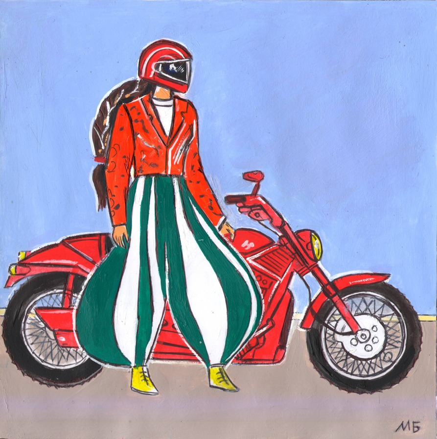In the children's magazine "Why?" Section "From Around the World". Publishing House - Young Technician. Published in the magazine. Illustration for printing in a smaller format. Topic: Inflatable Pants for Motorcycle Equipment. Artist: Marat Bryzgalov.