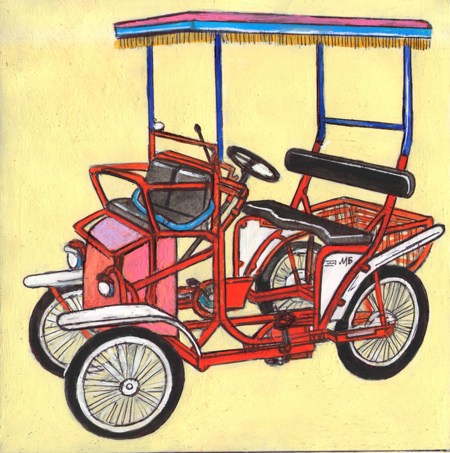 In the children's magazine "Why?" Section "From All Over the World". Published by the Young Technician Publishing House. Published in the magazine. Illustration reduced for printing. Illustration for the article on bicycles. Artist: Marat Bryzgalov.