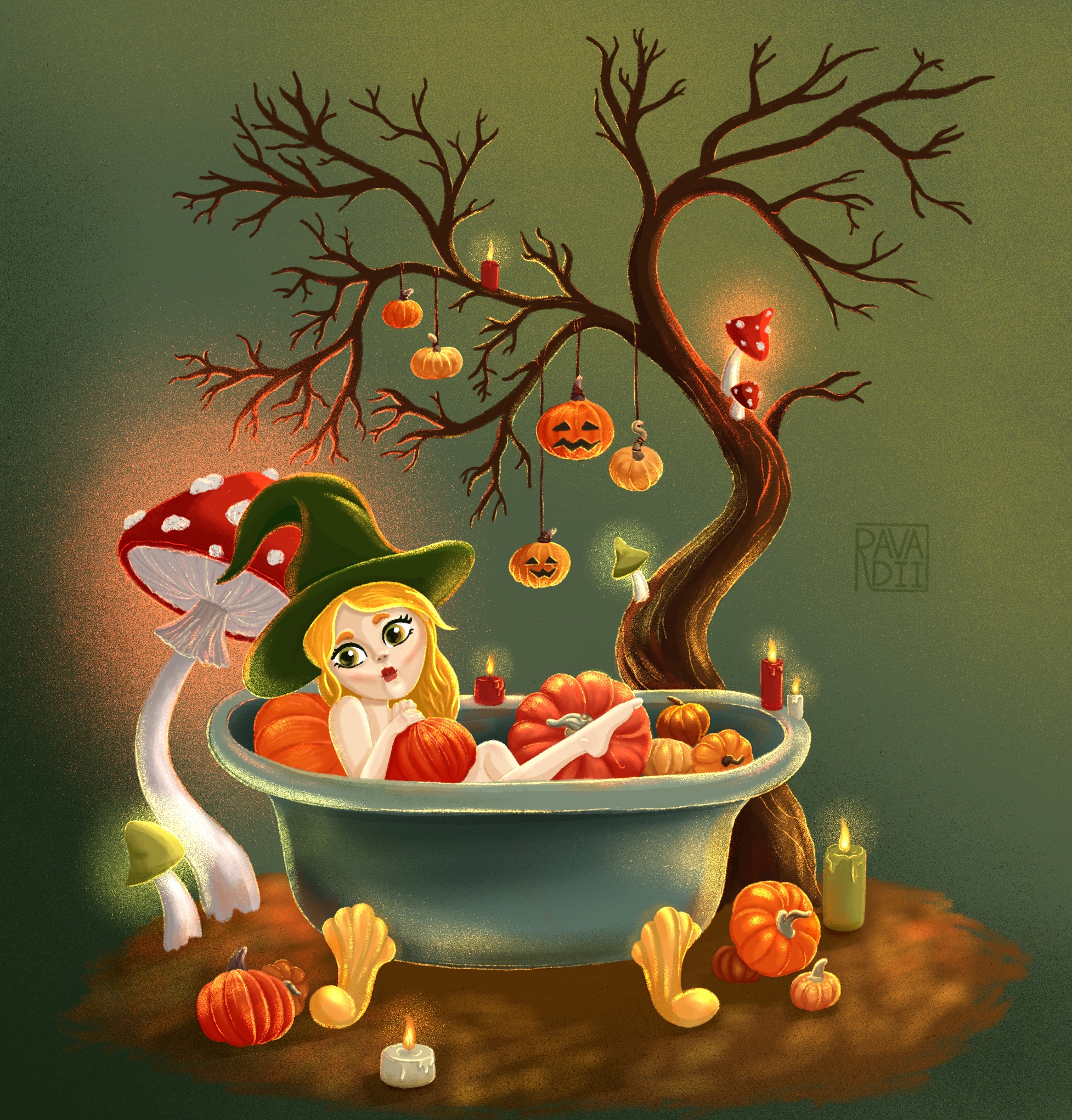 An atmospheric Halloween card with a mischievous witch