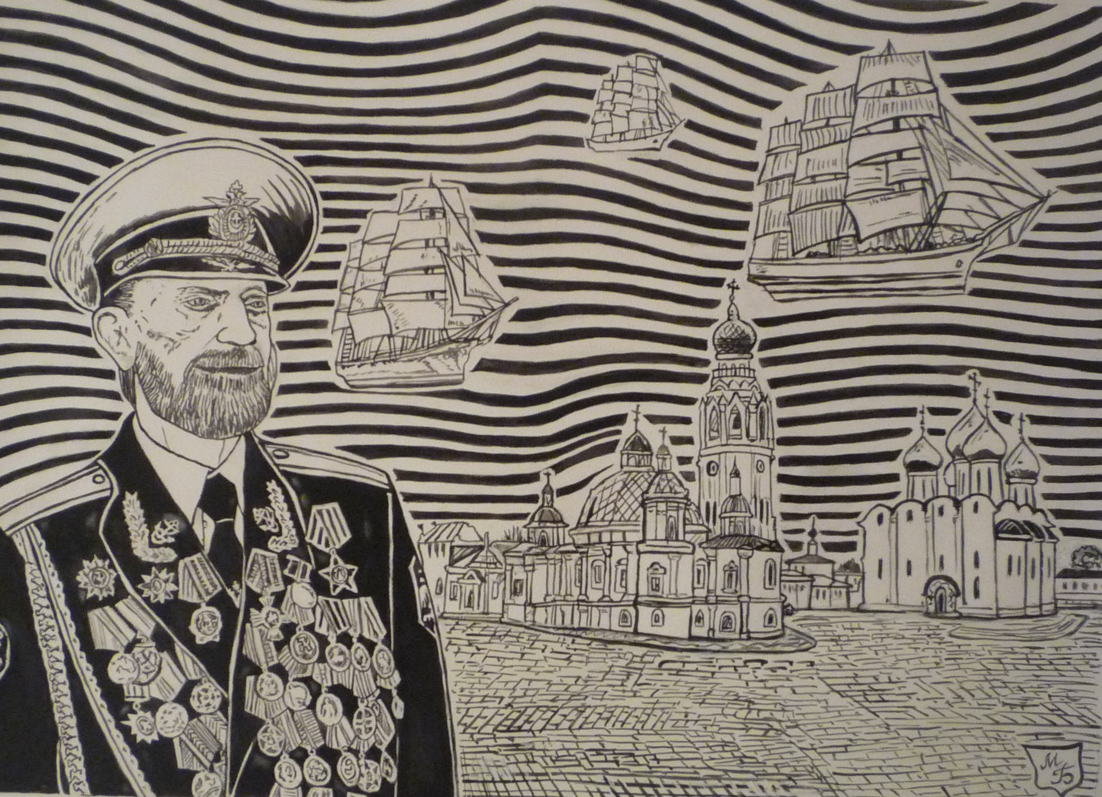 Portrait of the artist and veteran Vladimir Nikolaevich Korbakov in naval uniform, on the Kremlin square in Vologda. Technique, paper, ink, brushes. Format A-3. Photo from the exhibition dedicated to the anniversary of the victory in the Great Patriotic War.