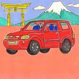 In the children's magazine "Why?" Section "From Around the World". Edited by Young Technician. Published in the magazine. Illustration reduced during printing. Illustration for an article about Japanese cars and new types of steel for them. Artist: Marat Bryzgalov.