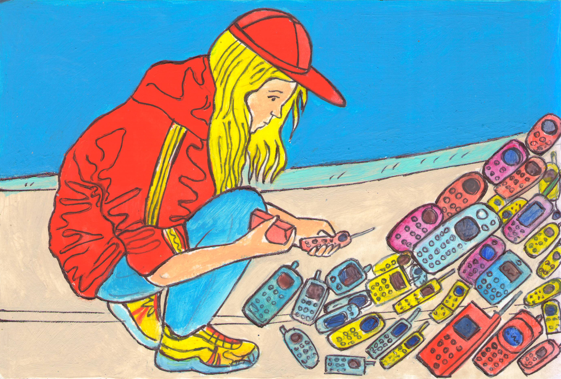 For the children's magazine "Lefty". Publishing house "Young Technician". Section "Lefty's Tasks". Article about old mobile phones and environmental and recycling issues. Published in the magazine. Artist Marat Bryzgalov.