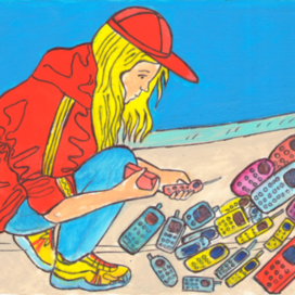 For the children's magazine "Lefty". Publishing house "Young Technician". Section "Lefty's Tasks". Article about old mobile phones and environmental and recycling issues. Published in the magazine. Artist Marat Bryzgalov.