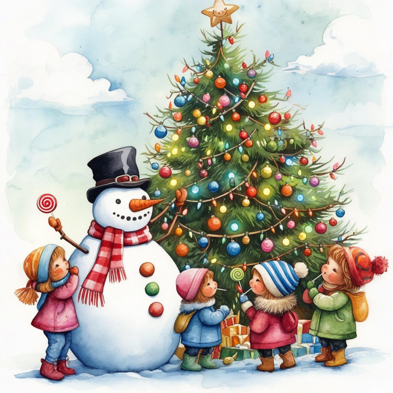 Christmas card with a snowman and a Christmas tree
