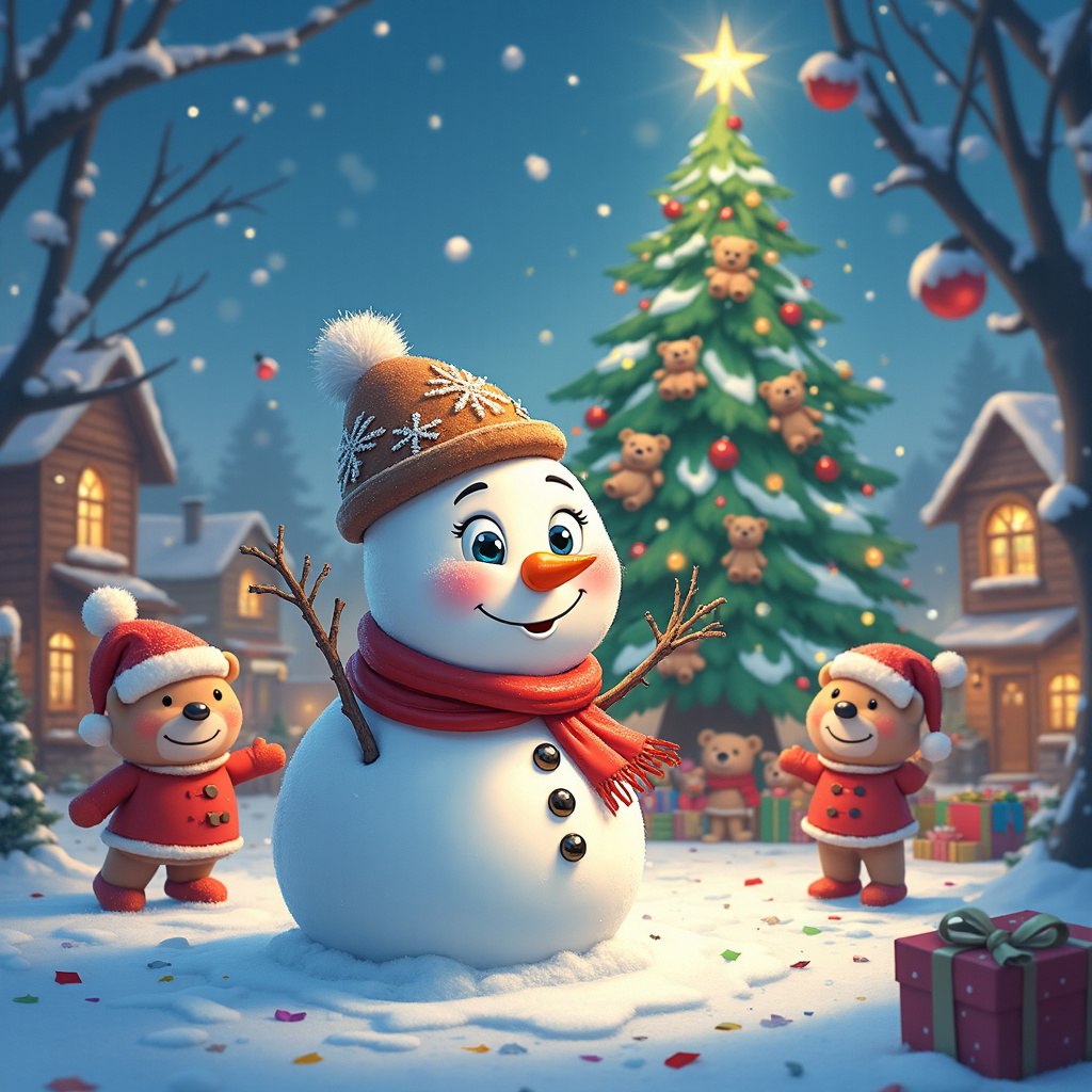 Christmas card with a tree, a snowman and teddy bears