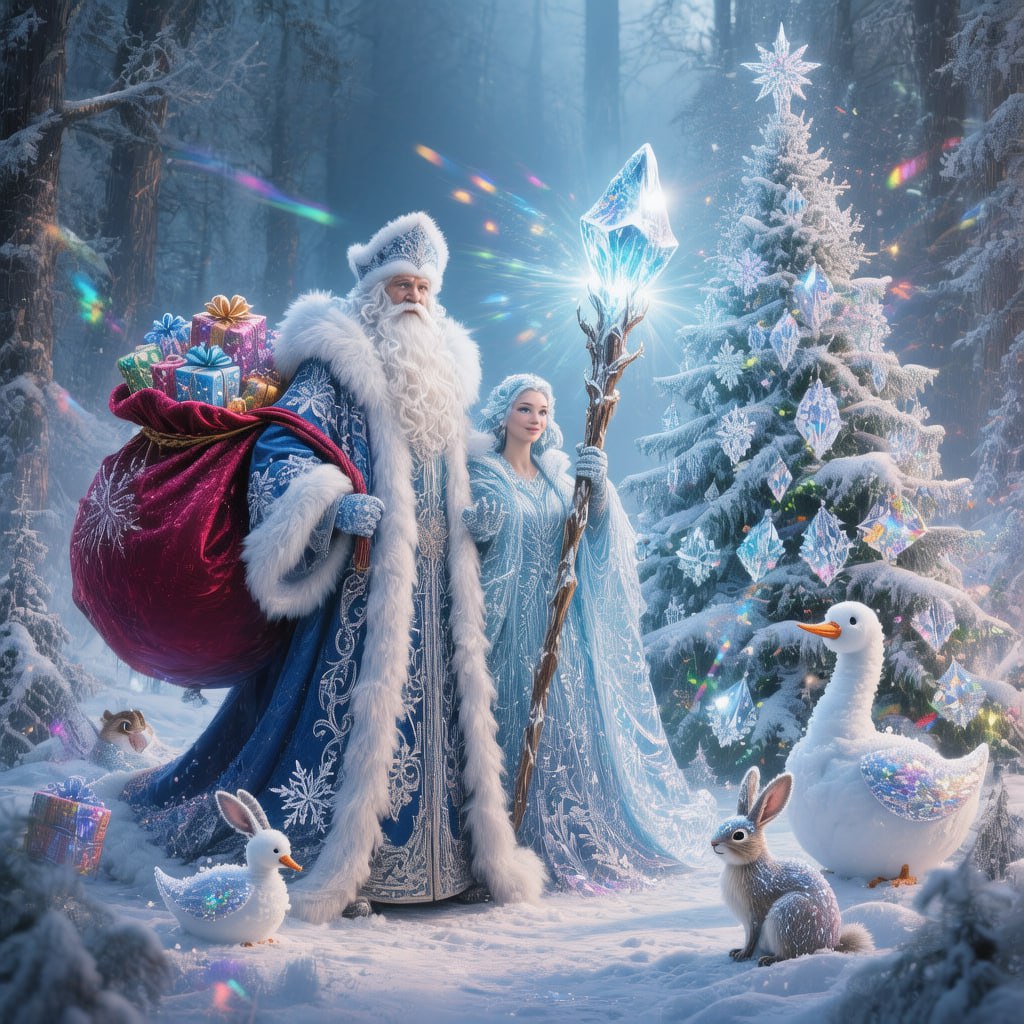 New Year's card with Father Frost and Snow Maiden