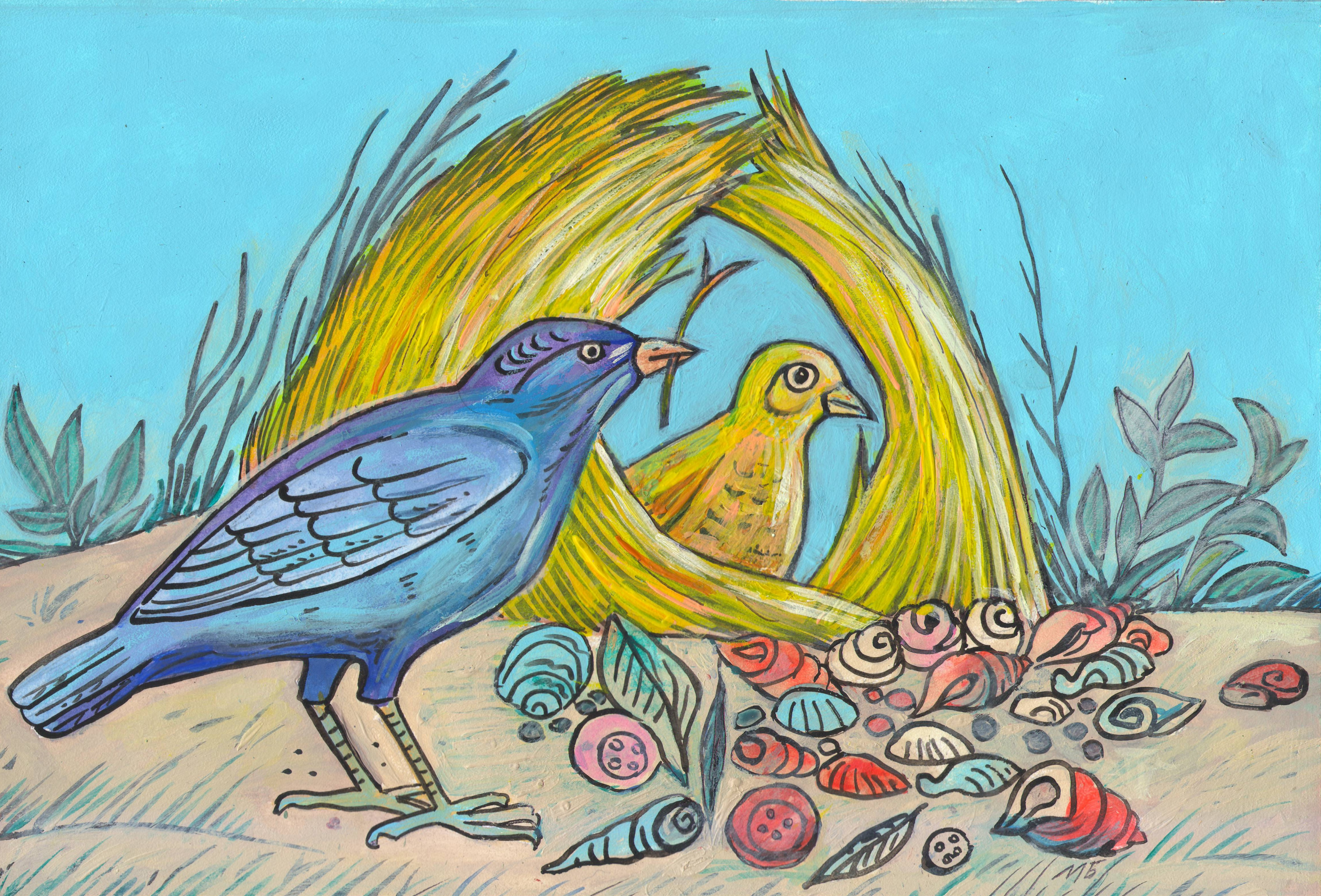 Birds build huts. Illustration for the children's educational magazine "Why?" Editorial office of the magazine "Young Technician". Section: "About Our Lesser Brothers". Genre. Animalistics. Artist: Marat Bryzgalov.