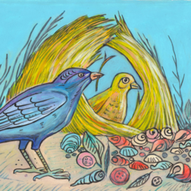 Birds build huts. Illustration for the children's educational magazine "Why?" Editorial office of the magazine "Young Technician". Section: "About Our Lesser Brothers". Genre. Animalistics. Artist: Marat Bryzgalov.