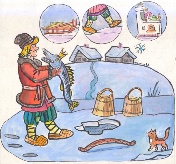 To the question of the fairy tale "By the Pike's Command". Section of the game room. Children's magazine "Why?" Publishing house "Young Technician". The illustration is published in the magazine. Artist Marat Bryzgalov.